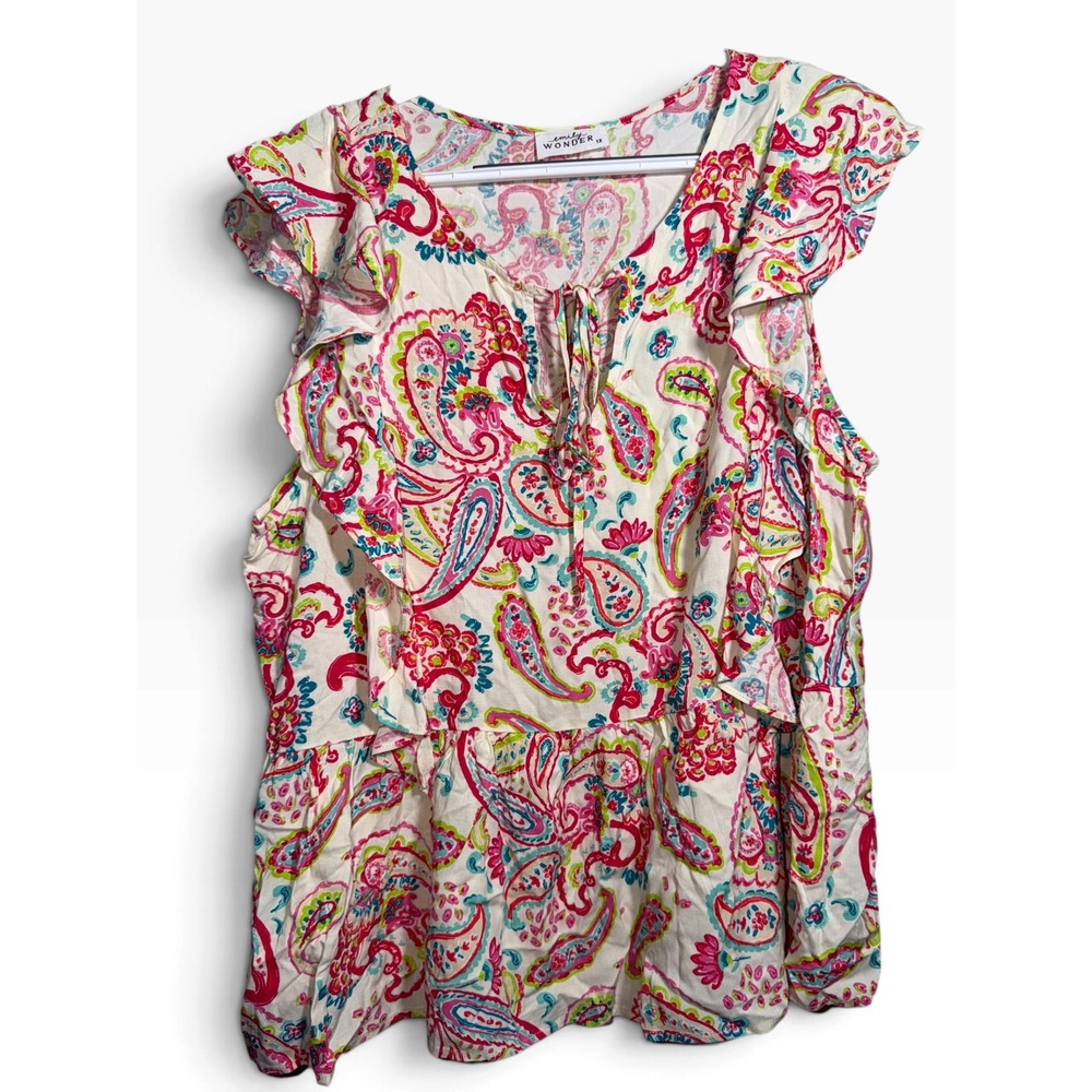 Emily Wonder Pink Teal Paisley Ruffle Peplum Blouse 1X PT10455-8